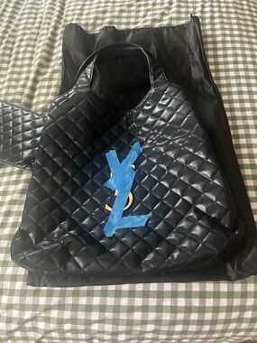 Inspired Quilted Black Tote Bag with Gold Logo Accent